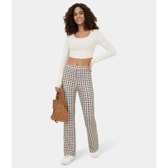 Halara High Waisted Pink Plaid Flare Hem Stretchy Casual/Active Pants Size Small - Picture 1 of 8